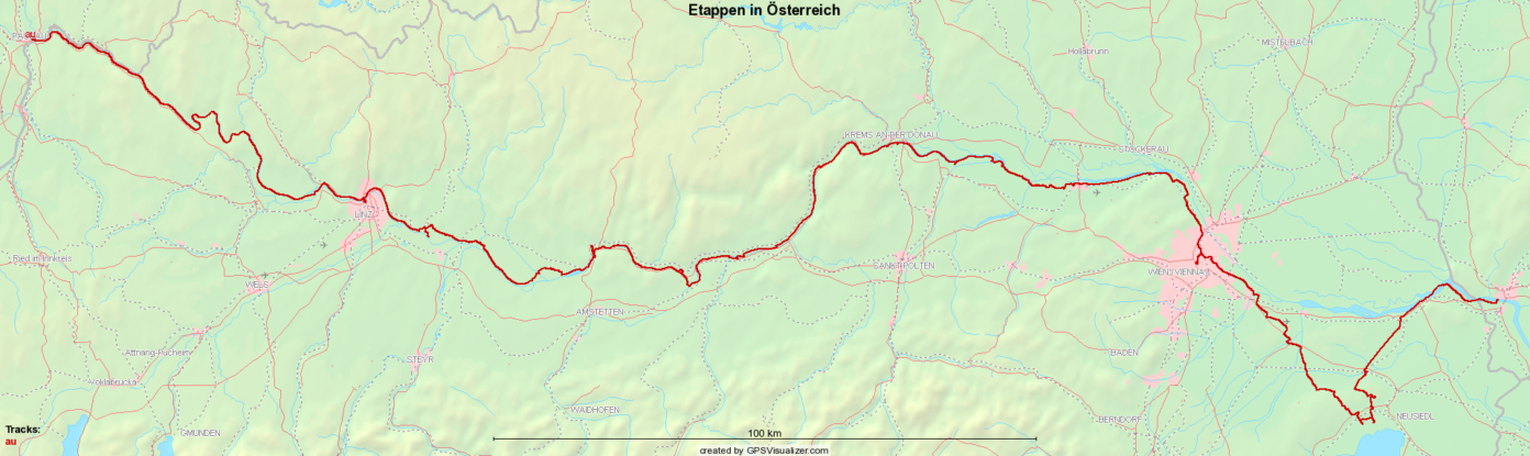 Mit Fahrrad gefahrenen Etappen in Österreich an der Donau