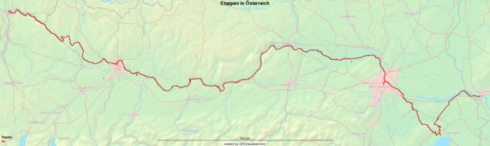 Mit Fahrrad gefahrenen Etappen in Österreich an der Donau